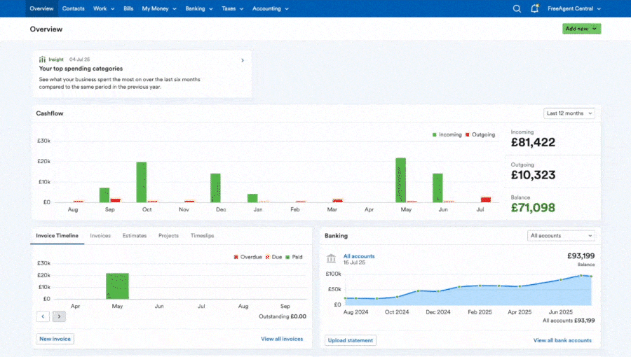 GIF showing CIS functionality in FreeAgent Dashboard