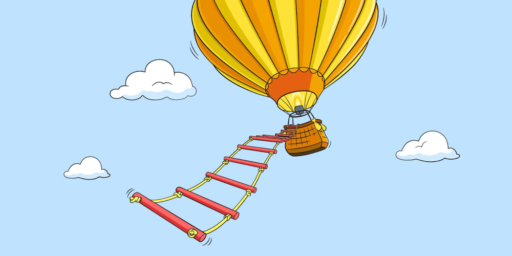 Image of a hot air balloon flying away, with a rope ladder trailing behind