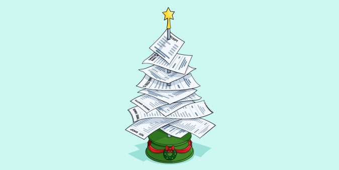  Illustration of a Christmas-themed receipt spike that forms the shape of a Christmas tree.