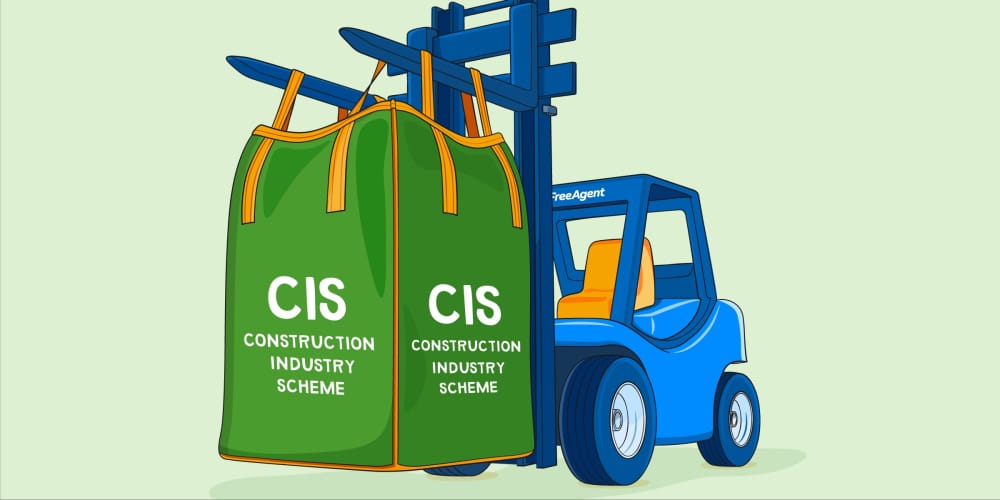 Forklift lifting a bag with 'Construction Industry Scheme' written on the sides