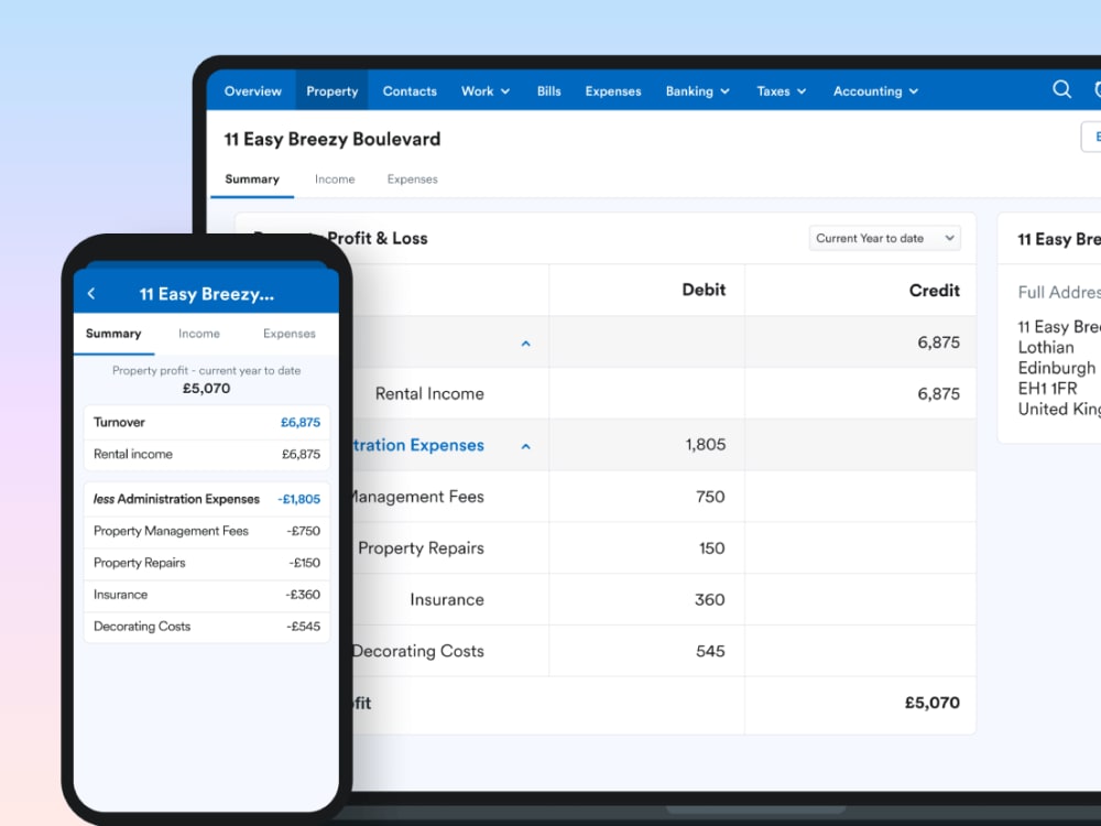 Tablet screen showing profit and loss summary for a property in FreeAgent.