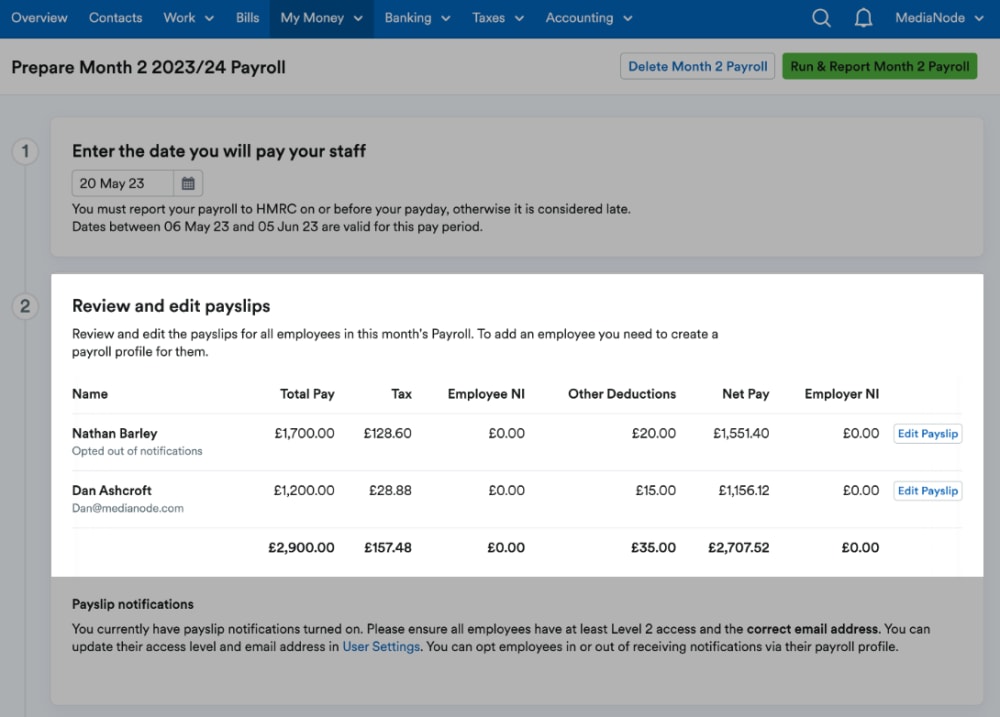 Running payroll within FreeAgent accounting software.