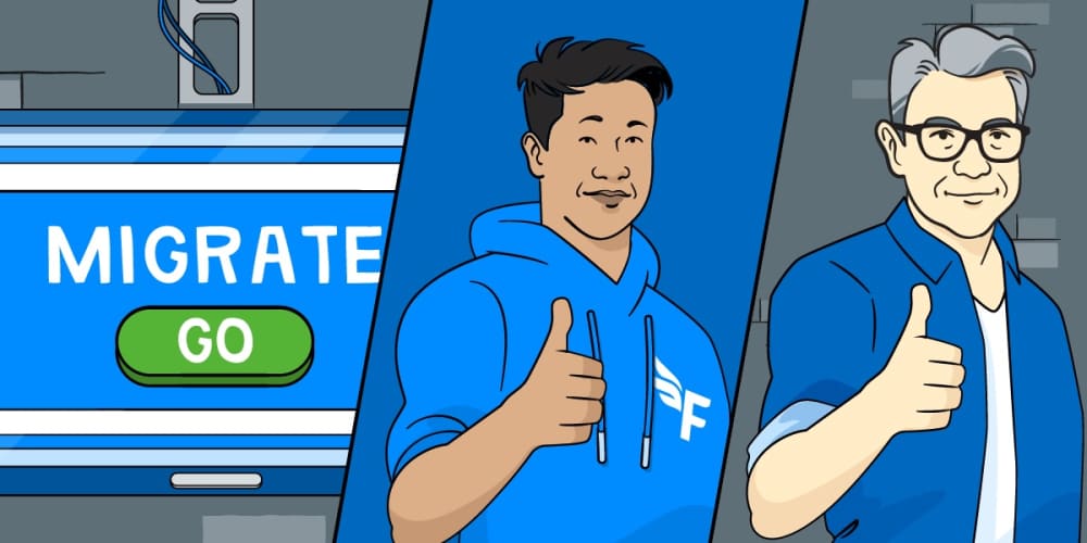 Still showing two animated men with their thumbs up, next to a green 'go' button (to migrate clients)