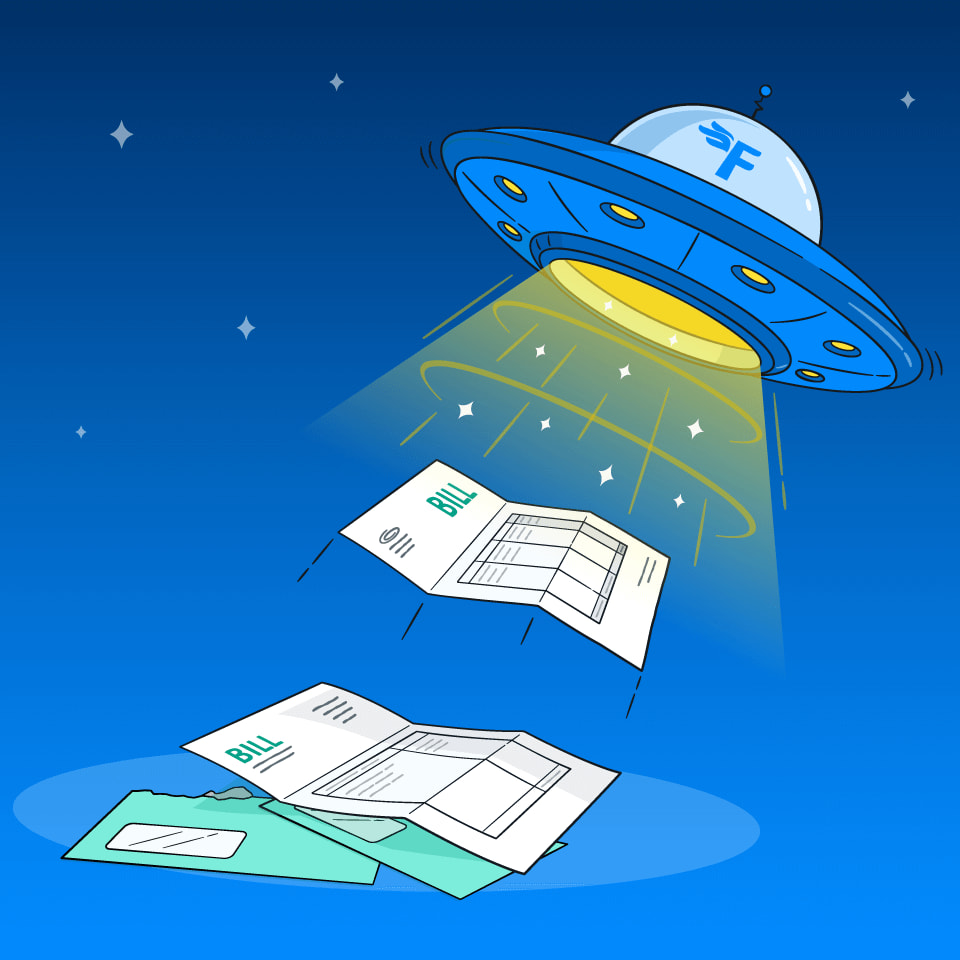 An illustration of a FreeAgent-branded UFO beaming up paper bills.