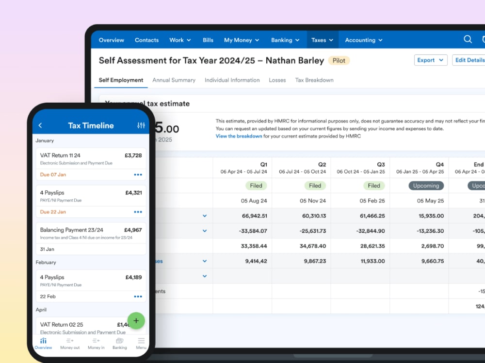 Tablet screen showing quarterly updates for MTD in FreeAgent.