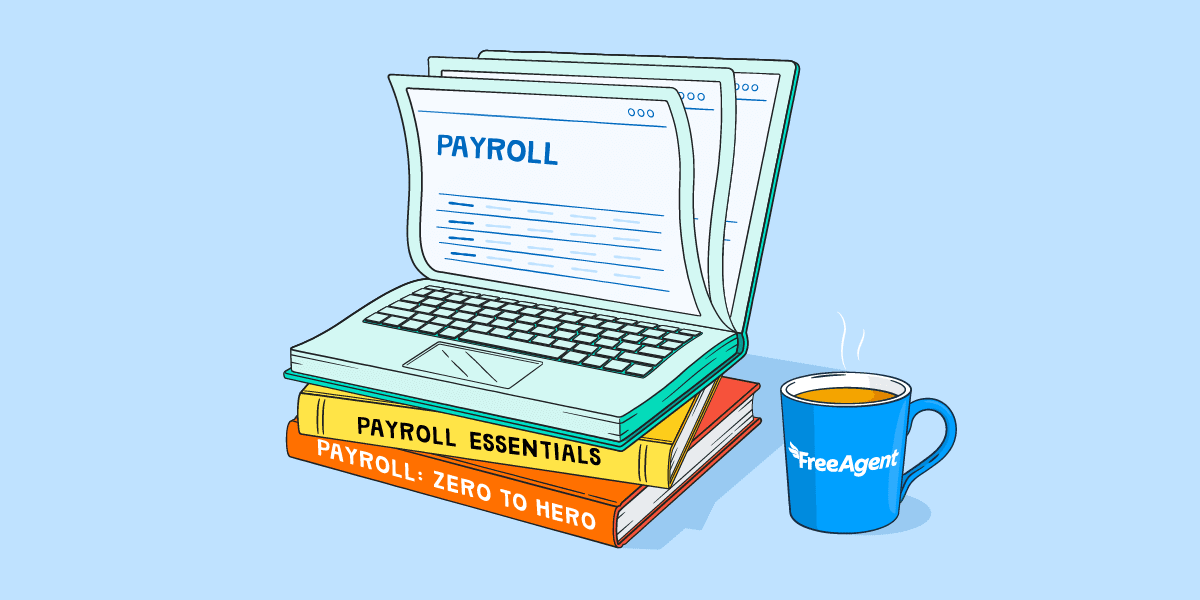 Illustration of a pile of books titled ‘Payroll Essentials’ and ‘Payroll: Zero to Hero’, the top book is opened with pages that look like a laptop screen and keyboard.