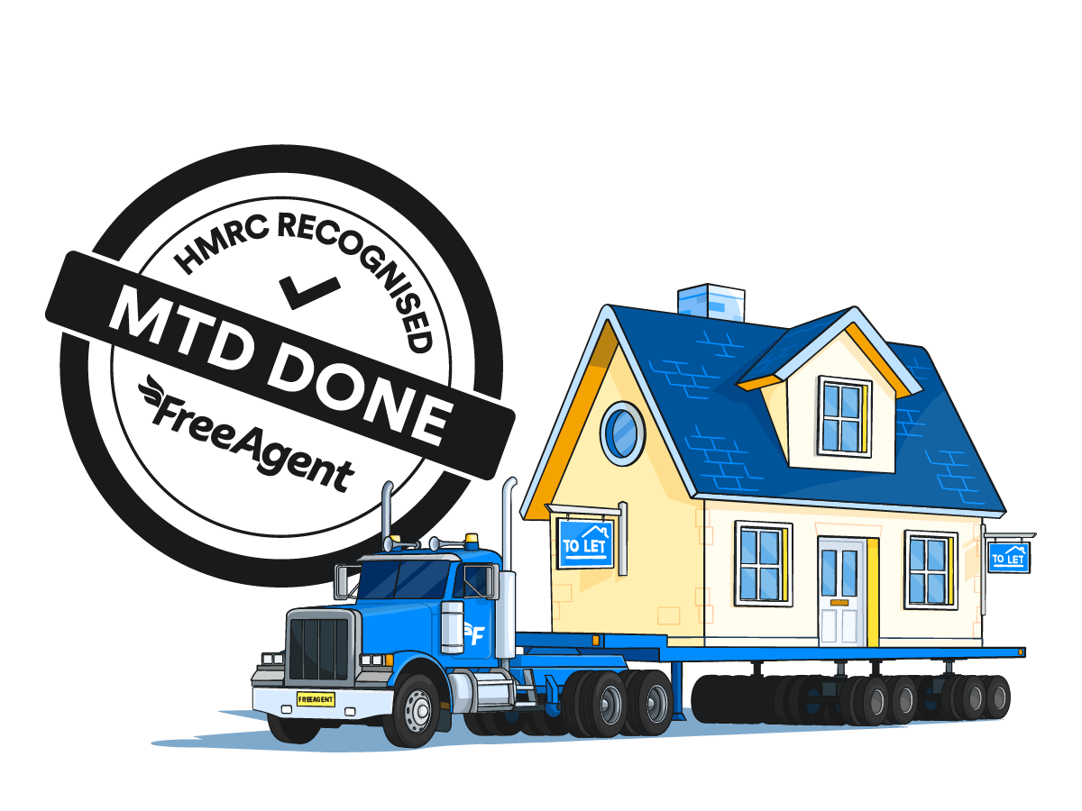 A truck transporting a house with ‘To Let’ signs in front of FreeAgent’s MTD Done stamp.