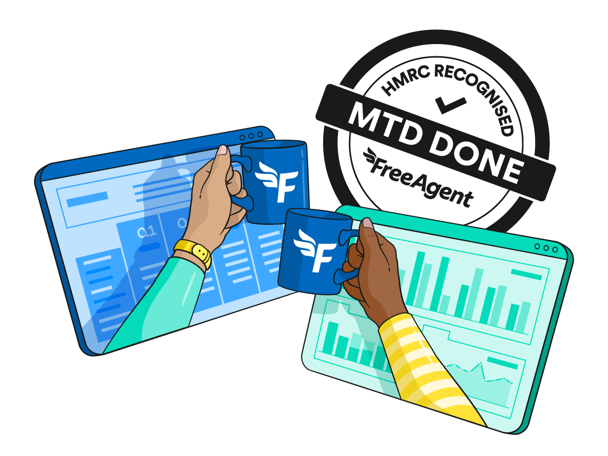 Two hands clinking mugs in front of FreeAgent’s MTD Done stamp.