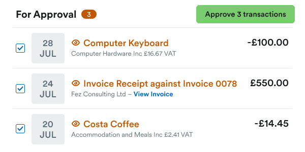 FreeAgent matching bank transactions with invoices and expenses for quick categorisation.