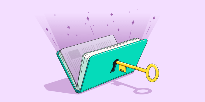Illustration of a gold key unlocking a book with sparkles shooting out of the open page.