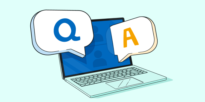A laptop computer with speech bubbles beside the screen, saying ‘Q’ and ‘A’.