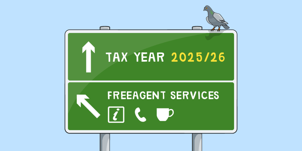 A road sign announcing the 2025/26 tax year ahead and a turning for FreeAgent services.