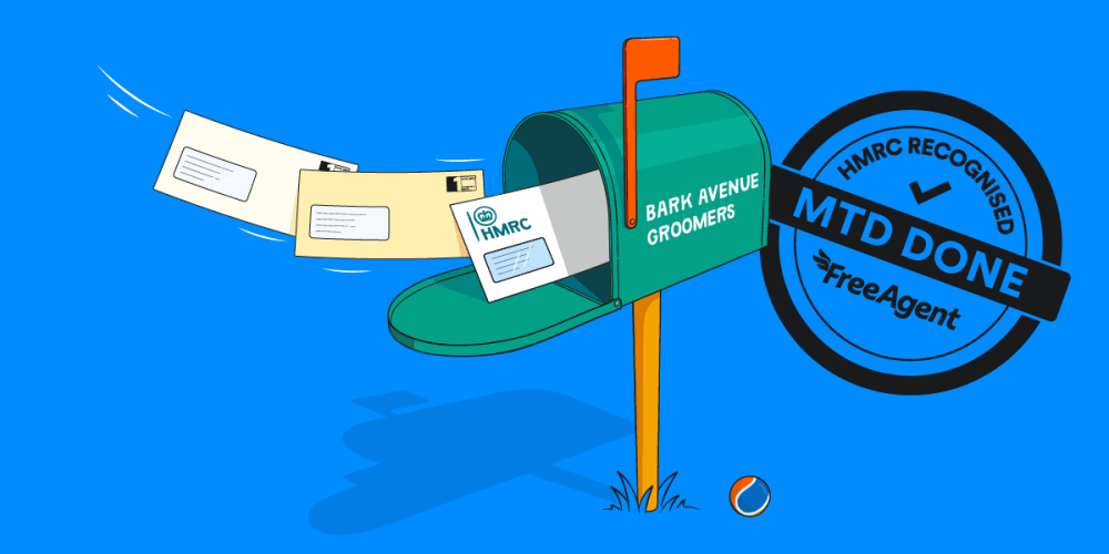 A green mailbox with letters flying into it including one from HMRC, and a stamp saying 'MTD done'