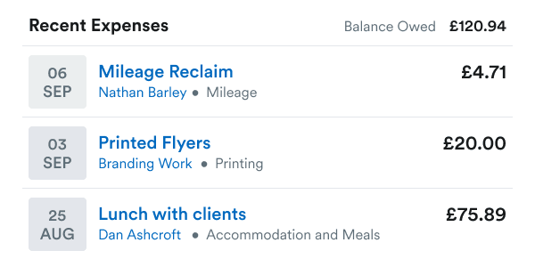A table showing recent expenses with dates and balance owed.