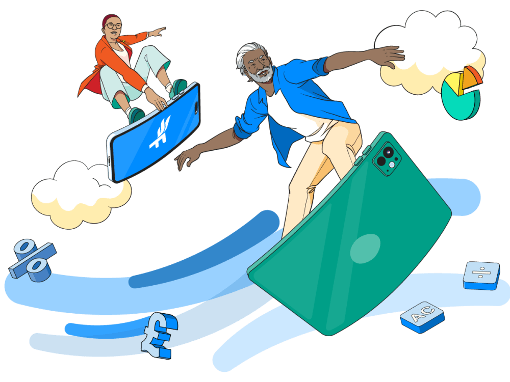 Two business owners surfing through the sky on their tablet and phone flying past pound signs and other symbols.