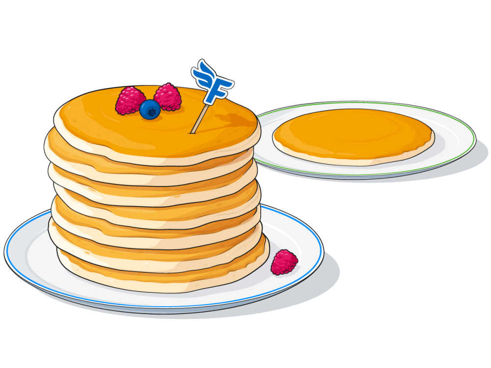 A stack of pancakes on a plate topped with berries and a FreeAgent logo