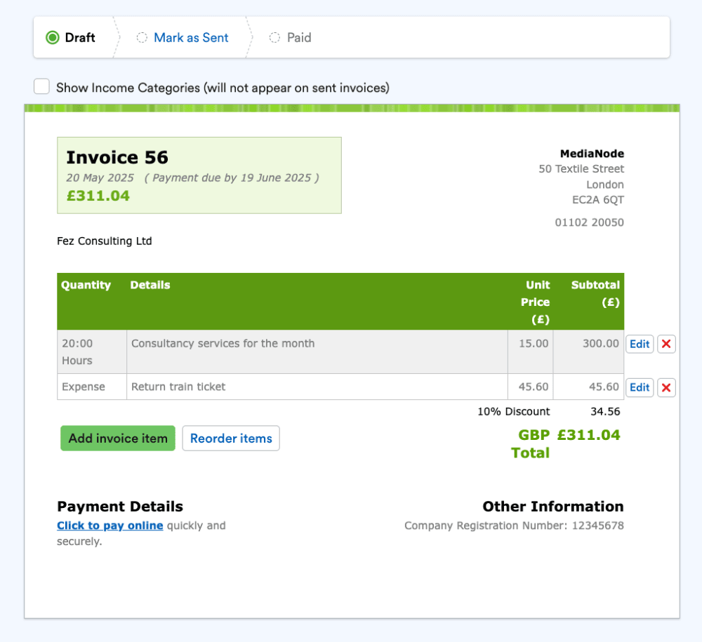 Screenshot of an invoice within the FreeAgent software