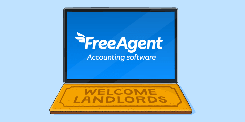 Illustration of a laptop where the keyboard has been replaced by a welcome mat that reads 'Welcome Landlords'.