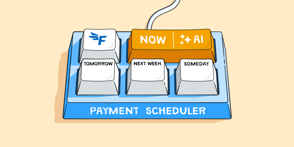 Illustration of a mini keyboard labeled ‘payment scheduler’ with buttons labeled ‘tomorrow’, ‘next week’, ‘someday’ and ‘now AI’.