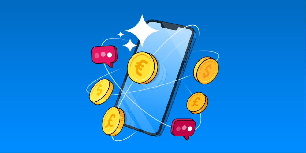 Mobile phone with coins spinning around it