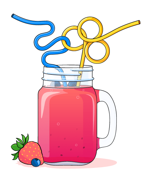 A jug of strawberry juice with twisted straws inside, with a fresh strawberry and blueberry placed next to the jug.