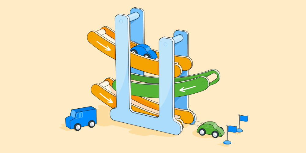 Illustration of toy cars going down a slide towards a finish line.
