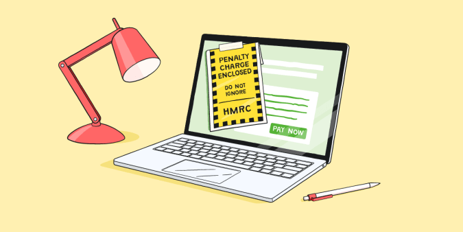 Illustration of a laptop with an envelope taped to the screen that reads 'penalty charge enclosed'.