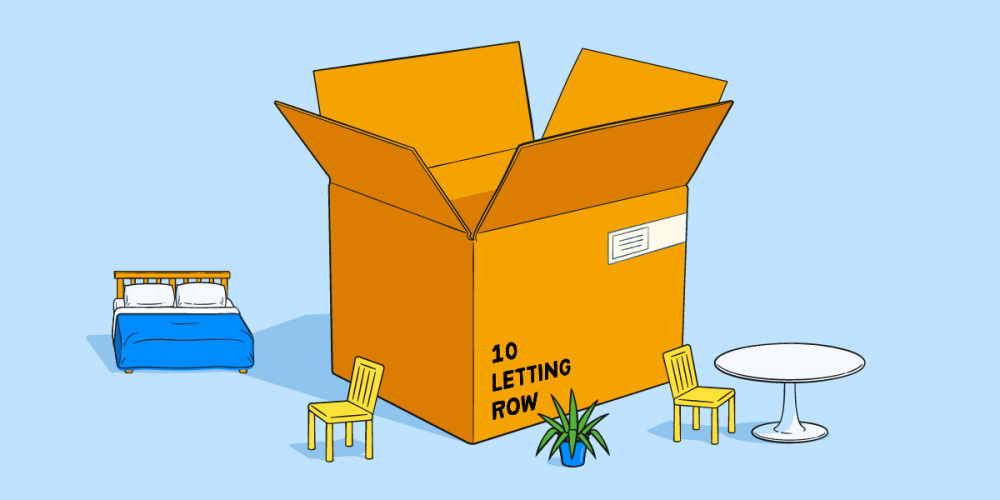 An unpacked moving box for a new house containing items of furniture like a bed, chairs and a plant. 