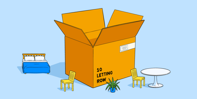An unpacked moving box for a new house containing items of furniture like a bed, chairs and a plant.