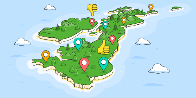 Map of the UK with red, orange and green pins marking cities.