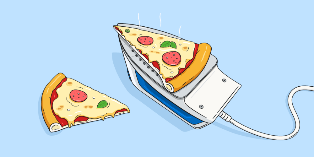 A slice of pizza sitting on top of an iron.