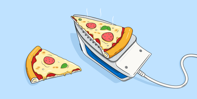 A slice of pizza sitting on top of an iron.