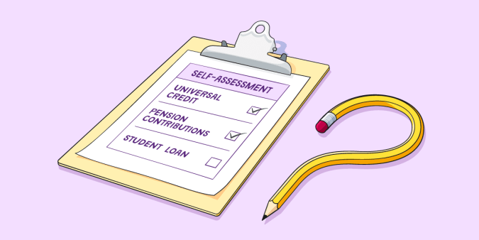 Illustration of a clipboard with a checklist and a pencil shaped like a question mark