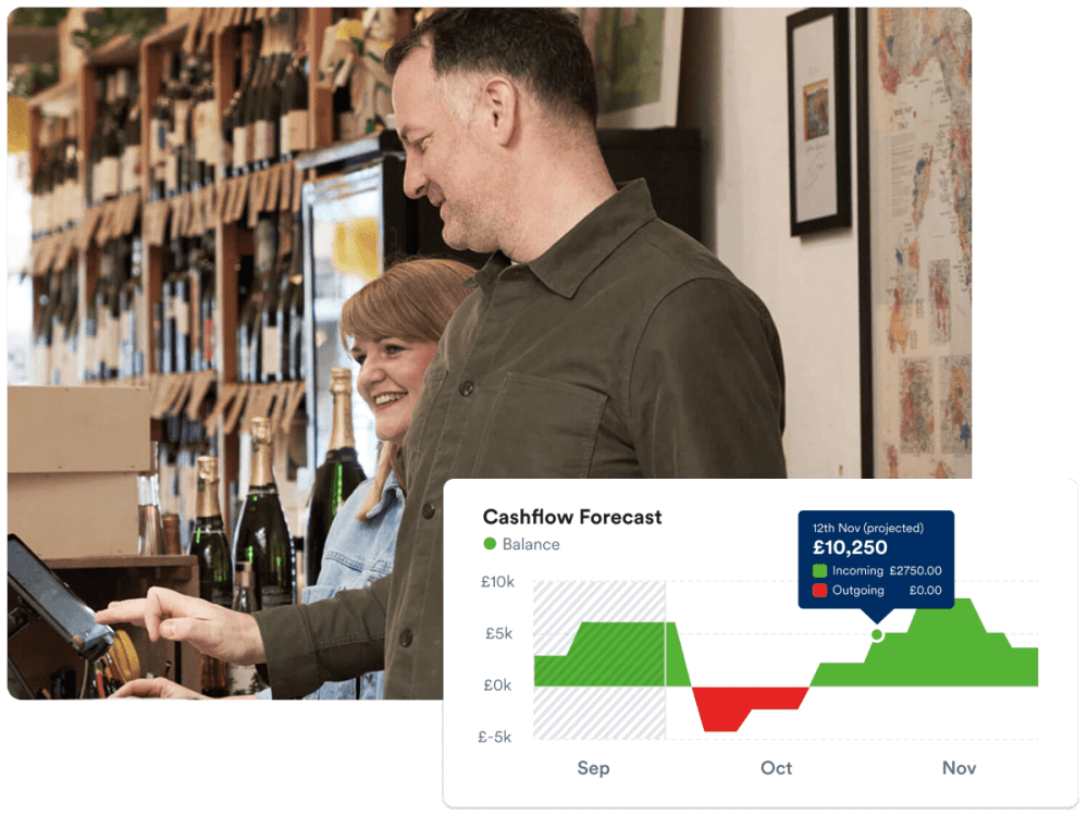 A man and woman behind a bar using a cash register, with a cashflow forecast graphic overlaid on the image.