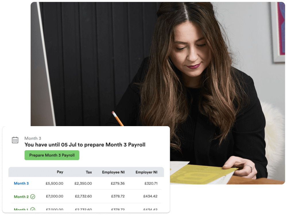 A businesswoman analysing documents, with a digital payroll dashboard superimposed over the scene.