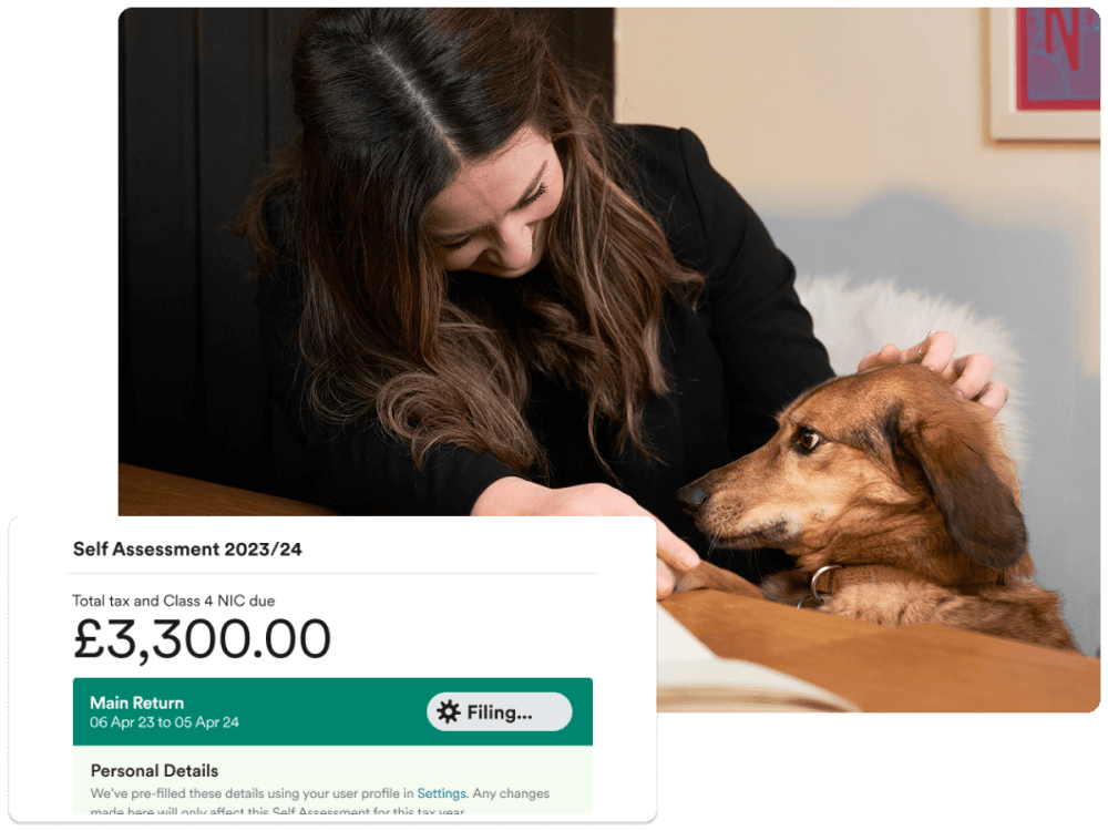 A woman pats a dog on the head, with a graphic of a Self Assessment return overlaid on the image. 