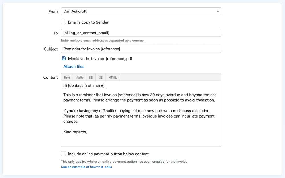 Screenshot of an invoice reminder template in FreeAgent.