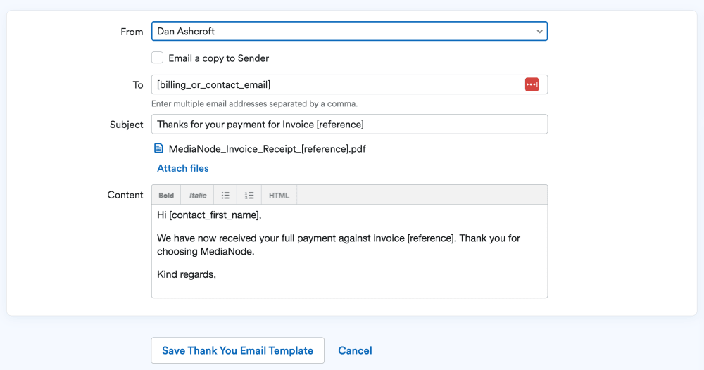 Screenshot of an invoice thank you template in FreeAgent.