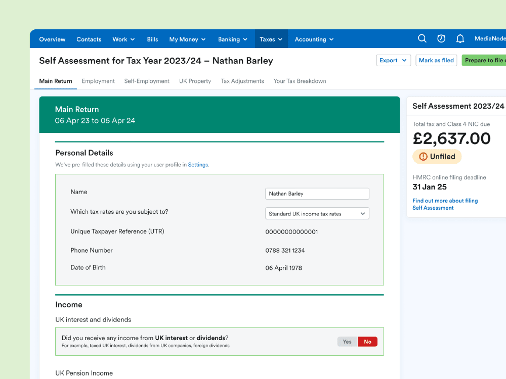 A Self Assessment return ready to be filed in the FreeAgent app.