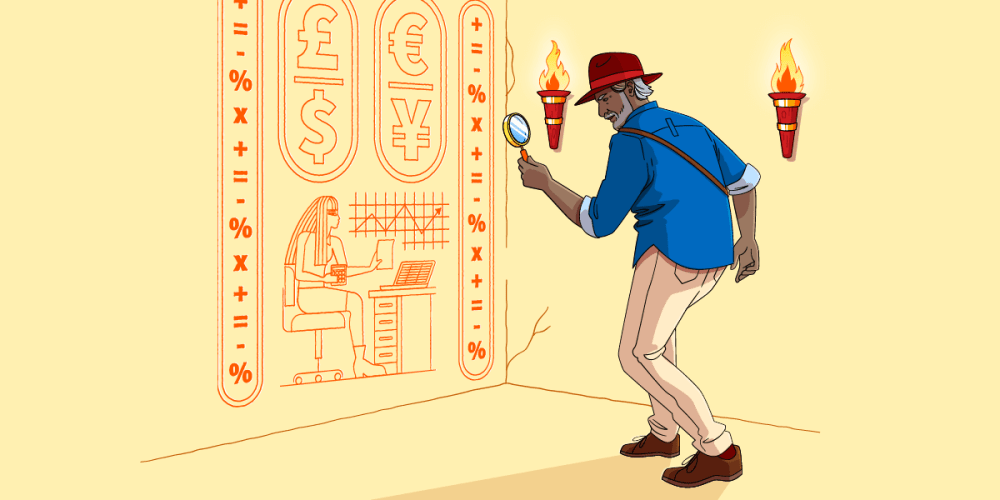 An explorer holding a magnifying glass examining hieroglyphics on a wall