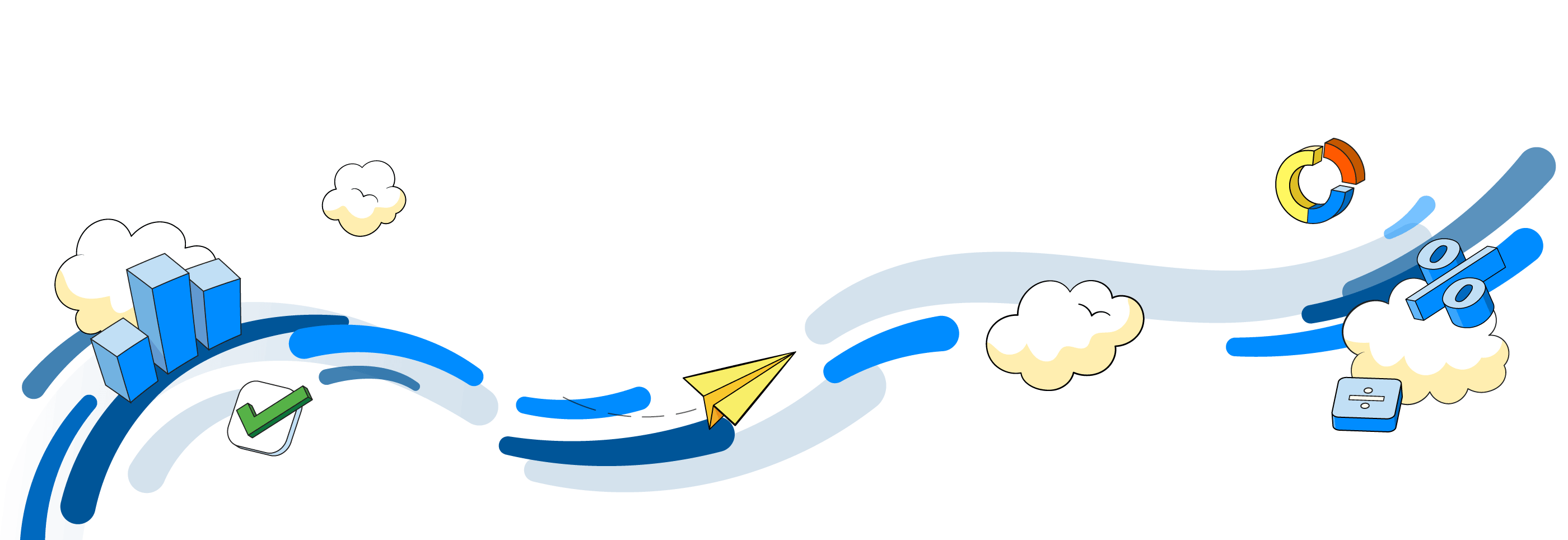 Decorative illustration of sweeping lines with charts and financial symbols.