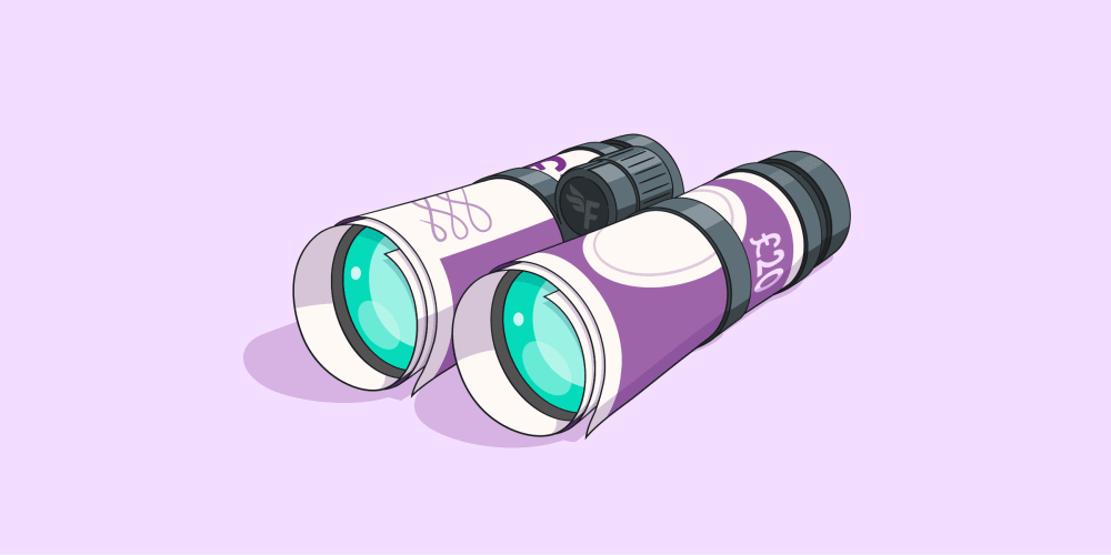 Illustration of binoculars made but the casing is made of rolled up bank notes.