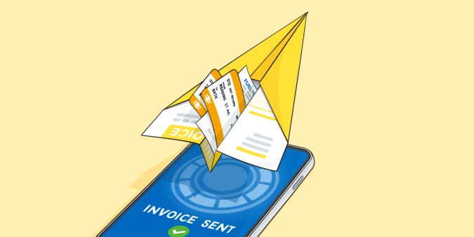 Paper plane carrying expense receipts taking off from a phone which reads ‘invoice sent’.