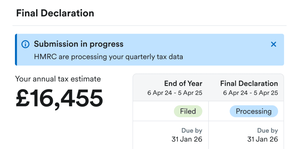 Screenshot showing MTD for Income Tax Final Declaration in FreeAgent.