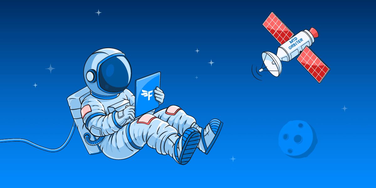 Illustration of an astronaut floating in space holding a tablet device with the FreeAgent mark on the back of it. A satellite appears in the background.
