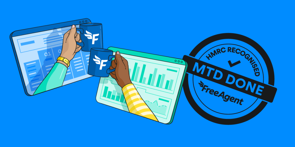 Illustration of two hands clinking coffee cups together in front of screens showing accounting software and a stamper reading 'HMRC recognised MTD Done, FreeAgent'