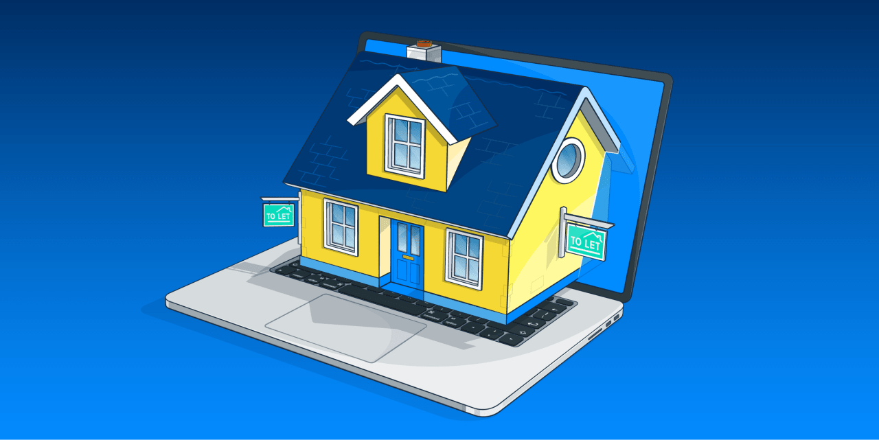 Illustration of a house with 'To Let' signs emerging from an open laptop.