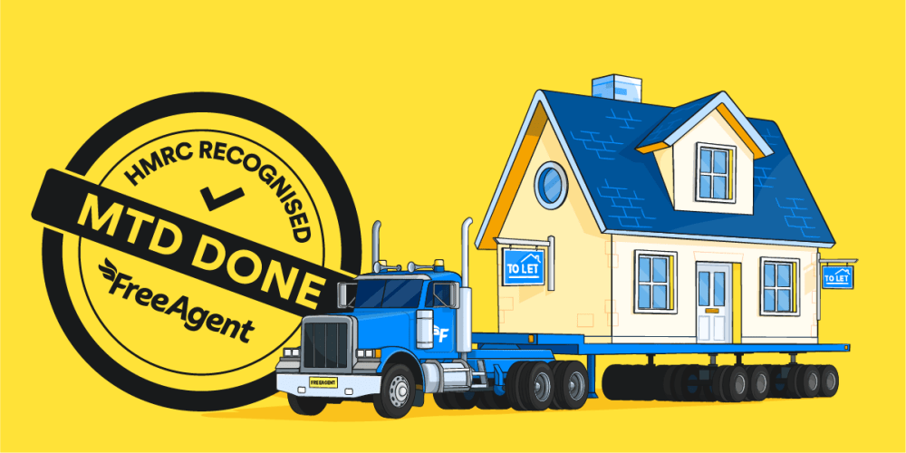 Illustration of a truck with a house on the back, and a stamper reading 'HMRC recognised, MTD Done, FreeAgent'