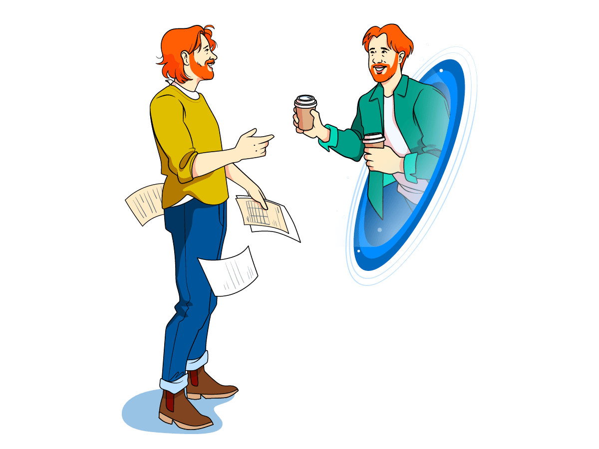 Illustration of a man reaching through a portal to hand a past version of himself a coffee.