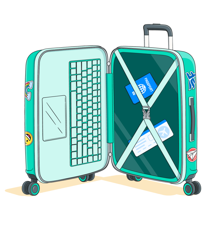 An open suitcase with a laptop packed securely inside.